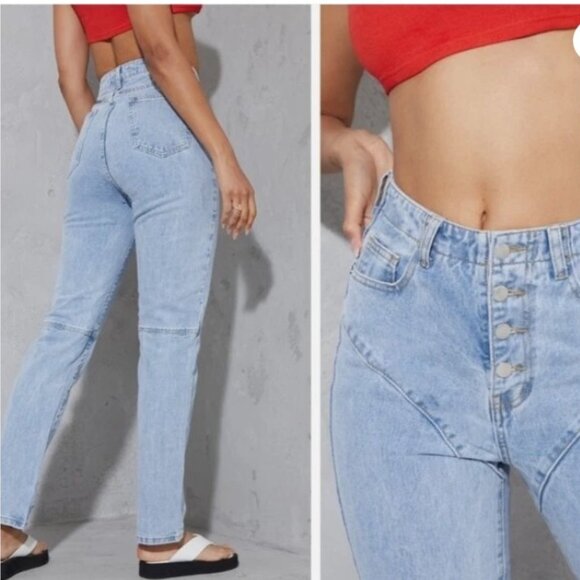 NWT | PRETTY LITTLE THING | High Waist Seam Detail Mom Jeans | BLEACH WASH | 10 - Picture 3 of 14